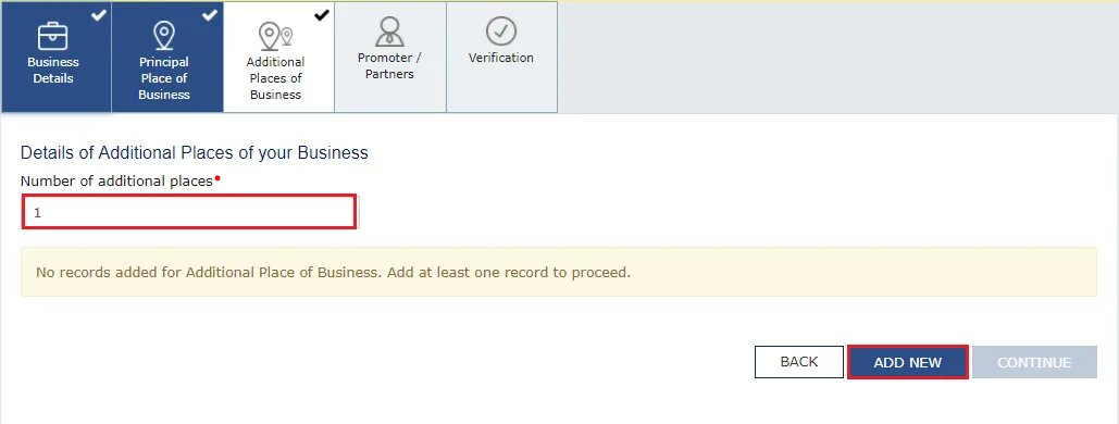 additional place of a business tab on the gst portal