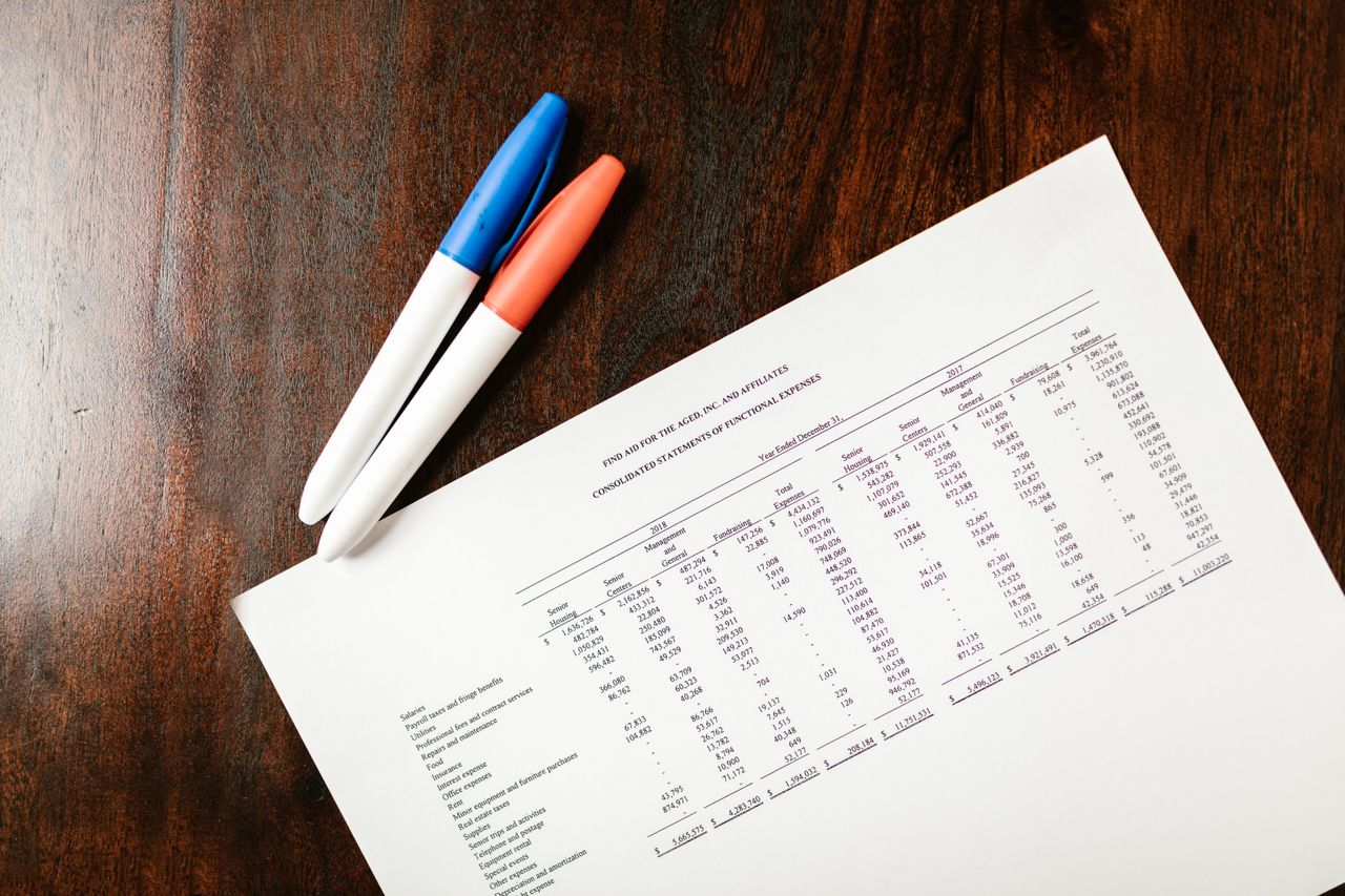 A financial statement on a wooden desk with colorful pens, ideal for accounting themes.