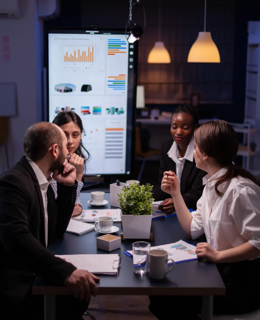 workaholics businesspeople brainstorming financial company ideas